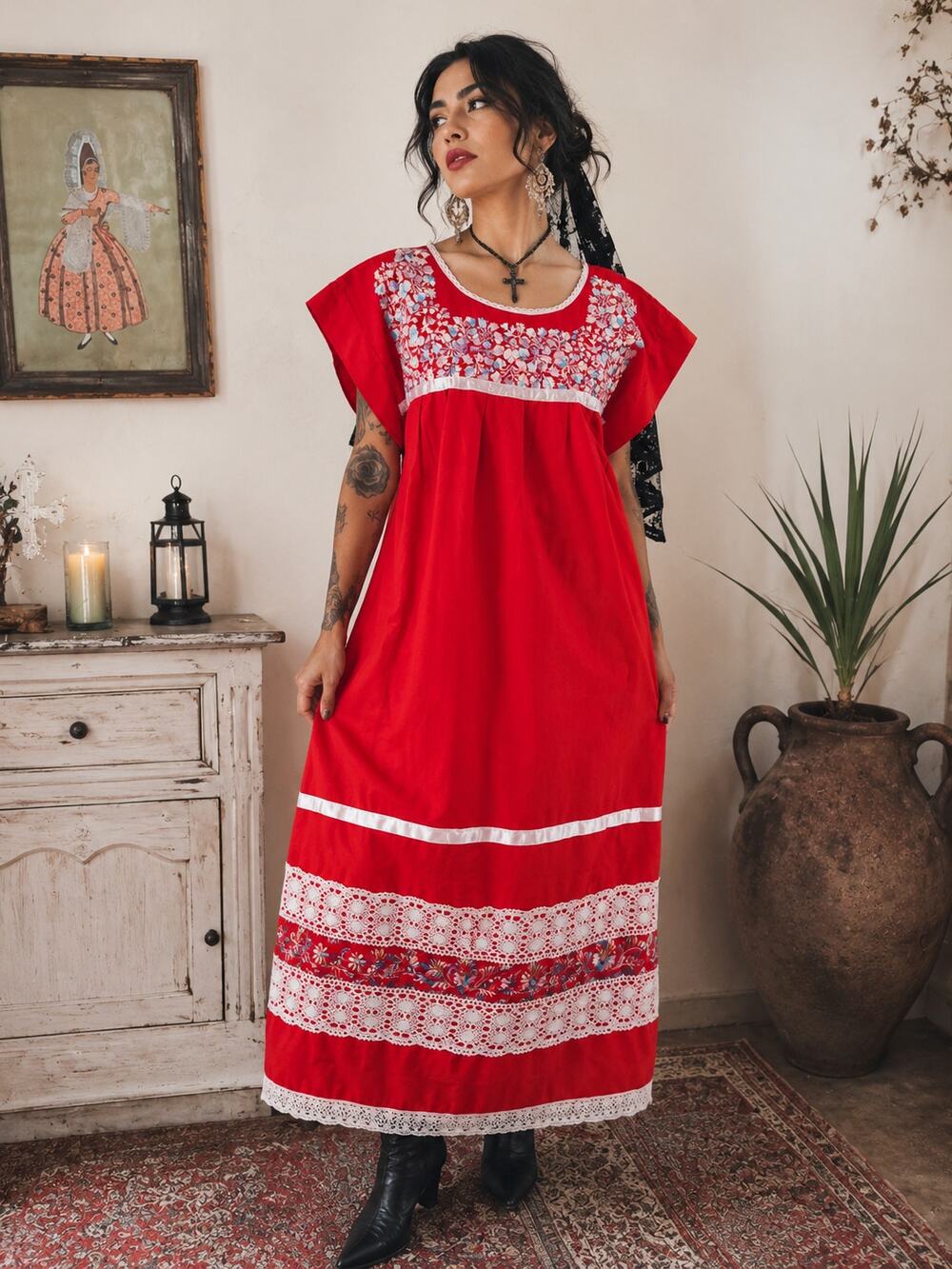Traditional Oaxacan Embroidered Midi Dress Red XL Fit Mexican Folk Lace